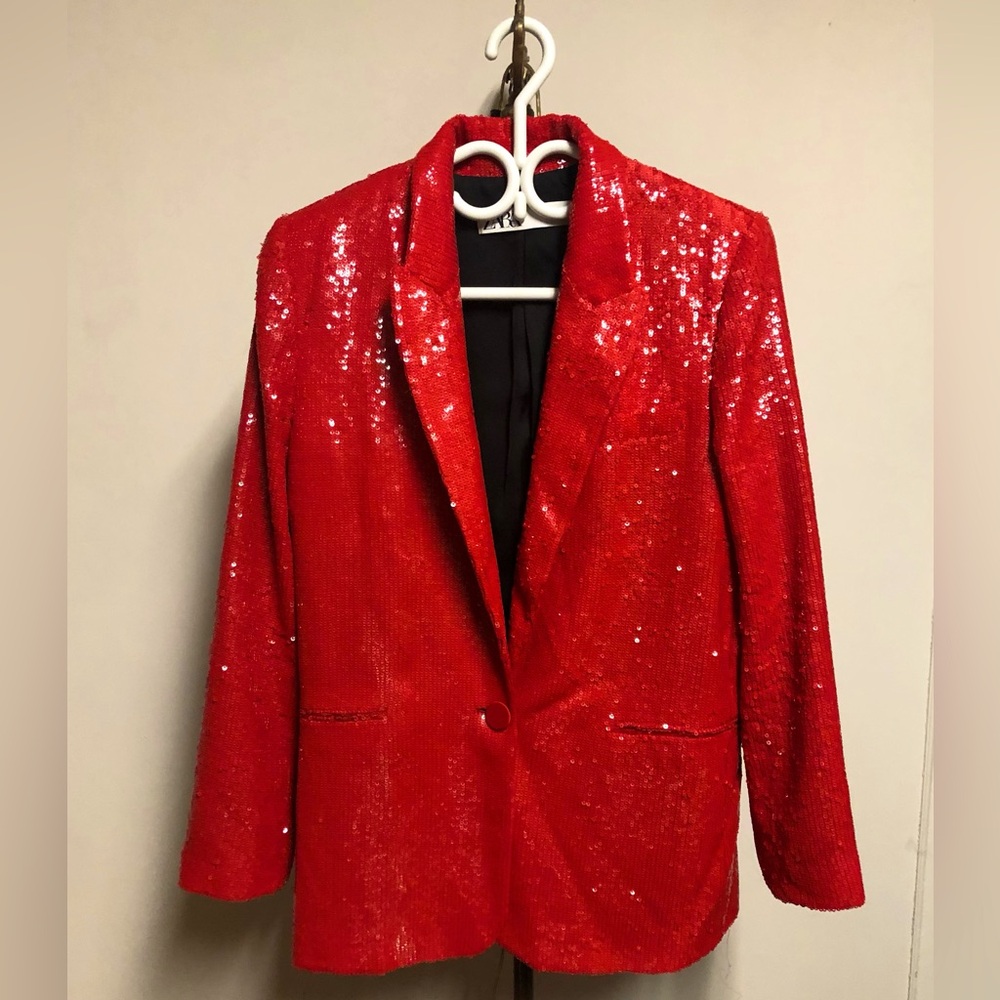 Zara sequin blazer in bright red color